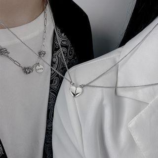 Set Of 2: Couple Matching Magnetic Heart Pendant Stainless Steel Necklace 1 Pr - Silver - One Size
