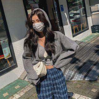 Balloon-sleeve Cropped Zip-up Knit Hoodie