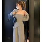 Strapless Asymmetrical Top / Cropped Cardigan / Wide Leg Pants