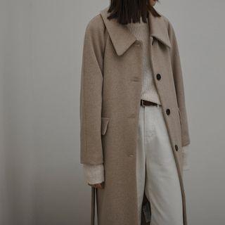 Raglan Wool Blend Long Coat With Sash