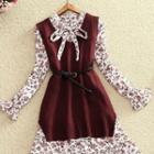 Floral Print Long-sleeve Dress / Set: Sleeveless Knit Dress + Long-sleeve Dress
