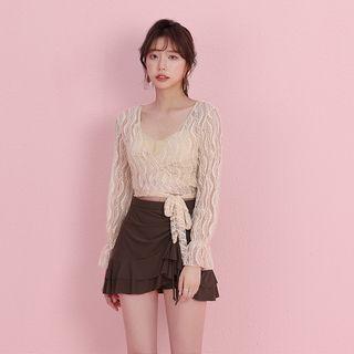 Set: Drawstring Bikini + Lace Cover-up + Swim Skirt