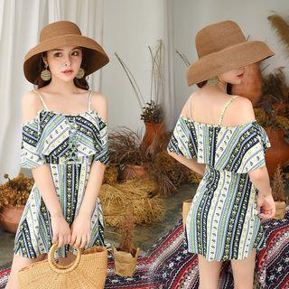 Striped Lace Up Cold Shoulder Swimdress