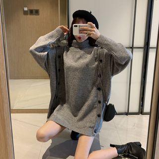 Long-sleeve Side-button Knit Dress