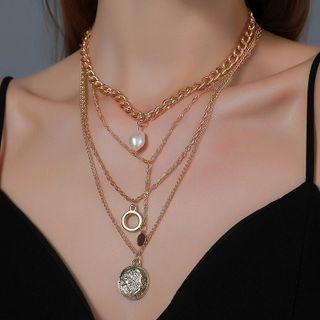 Faux Pearl Rhinestone Pendant Layered Necklace 01 - Gold - One Size