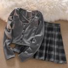 Long-sleeve Strappy Top / Plaid Pleated Mini A-line Skirt