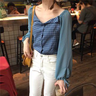 Puff-sleeve Plaid Panel Blouse