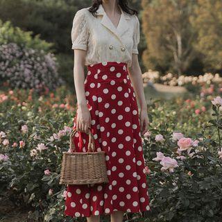 Set: Lace Short-sleeve Blouse + Dotted Midi Skirt