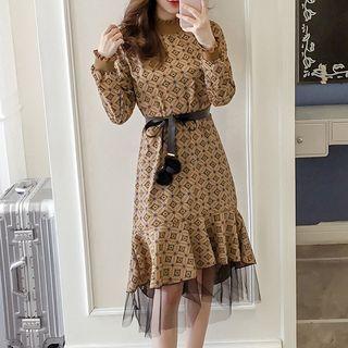 Patterned Mesh Hem Long Sleeve Midi Dress