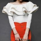 Long-sleeve Frill-trim Top / Midi Fitted Skirt