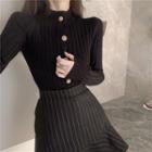 Long-sleeve Button-up Knit Top / Striped Mini Mermaid Skirt