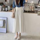 Collared Puff-sleeve Blouse / Midi A-line Jumper Skirt
