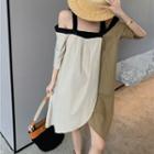 Cold-shoulder Color Block Shift Dress Beige & Khaki - One Size