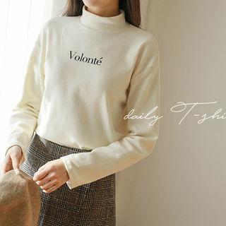 Mock-neck Letter-printed Napped Top