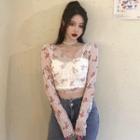 Long-sleeve Floral Embroidered Mesh T-shirt / Camisole Top