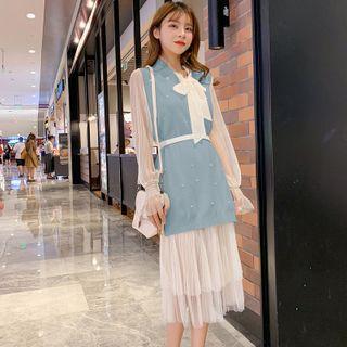 Set: Ribbon Long-sleeve Midi A-line Mesh Dress + Faux Pearl Knit Vest