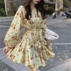 Asymmetric Floral Long-sleeve Dress / Plain Long-sleeve Jacket