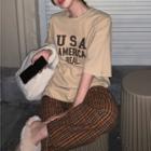 Elbow-sleeve Lettering Print T-shirt / Plaid Straight Leg Pants