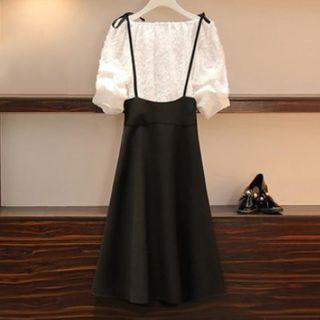 Set: Fringed Puff-sleeve Top + Midi A-line Jumper Skirt