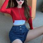Faux Leather Belt / Cropped Long-sleeve Knit Top / Denim Shorts