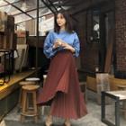 Band-waist Asymmetric-hem Pleated Skirt