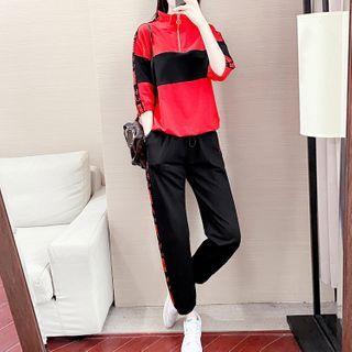 3/4-sleeve Half-zip Two-tone Sweatshirt / Lettering Sweatpants / Set