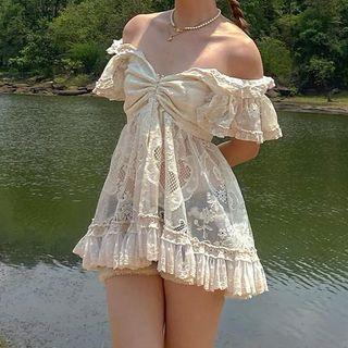 Lace Off-shoulder Ruffled-hem Mini Dress