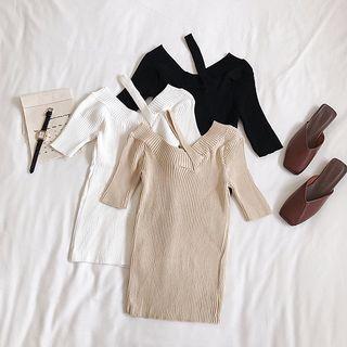 Asymmetric Shoulder Ribbed Short-sleeve Knit Top