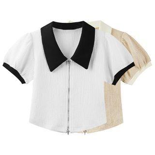 Short-sleeve Contrast Trim Zipped Blouse