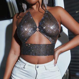 Rhinestone Mesh Cropped Halter Top