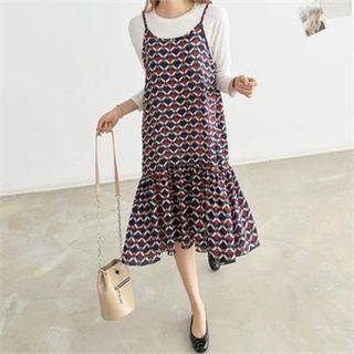 Spaghetti-strap Frill-hem Pattern Long Dress