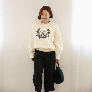 Pintuck-sleeve Rose Embroidered Pullover