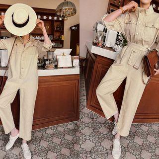 High-neck Metallic-button Jumpsuit With Belt