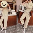 High-neck Metallic-button Jumpsuit With Belt