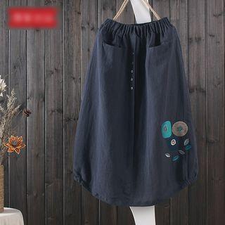 Embroidered Linen Cotton Midi Skirt