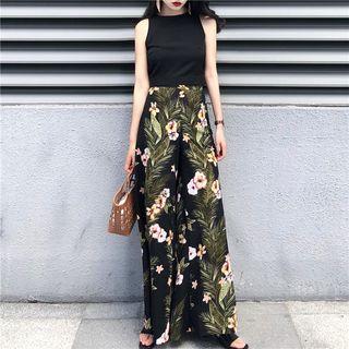 Plain Open-back Tank Top / High-waist Print Wide-leg Pants