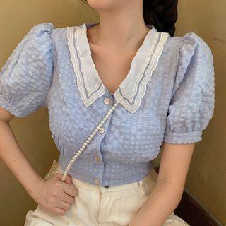 Lace Collar Puff Sleeve Cropped Blouse