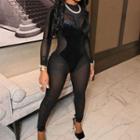 Plain Mock-neck Long Sleeve See-through Jumpsuit
