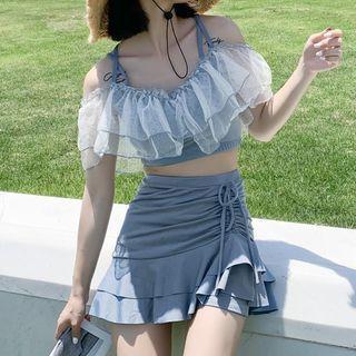 Set: Strappy Ruffled Tankini Top + Drawstring Swim Skirt