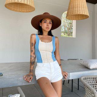 Square-neck Two Tone Ruffle Tank Top