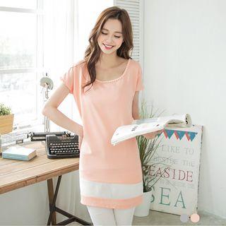 Short-sleeve Mesh-panel Beaded Top