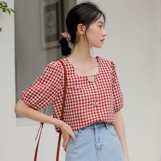 Plaid Short-sleeve Top Wine Red - One Size