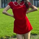 Puff-sleeve Tweed Trim Collar A-line Dress