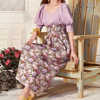 Ruched Floral Print Elbow-sleeve Maxi A-line Dress