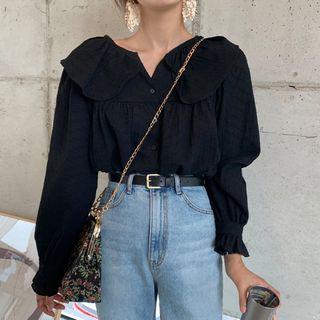Long-sleeve Ruffle Blouse Black - One Size
