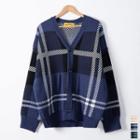 V-neck Plaid Oversized Cardigan