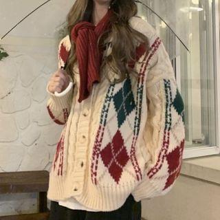 Argyle Cable Knit Cardigan Green & Red Argyle - White - One Size