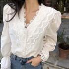 Bell-sleeve V-neck Lace Trim Blouse