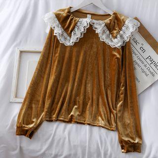 Lace-trim Loose-fit Velvet Top