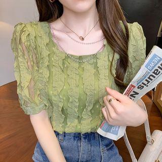 Short-sleeve Ruffled Beaded Lace Top